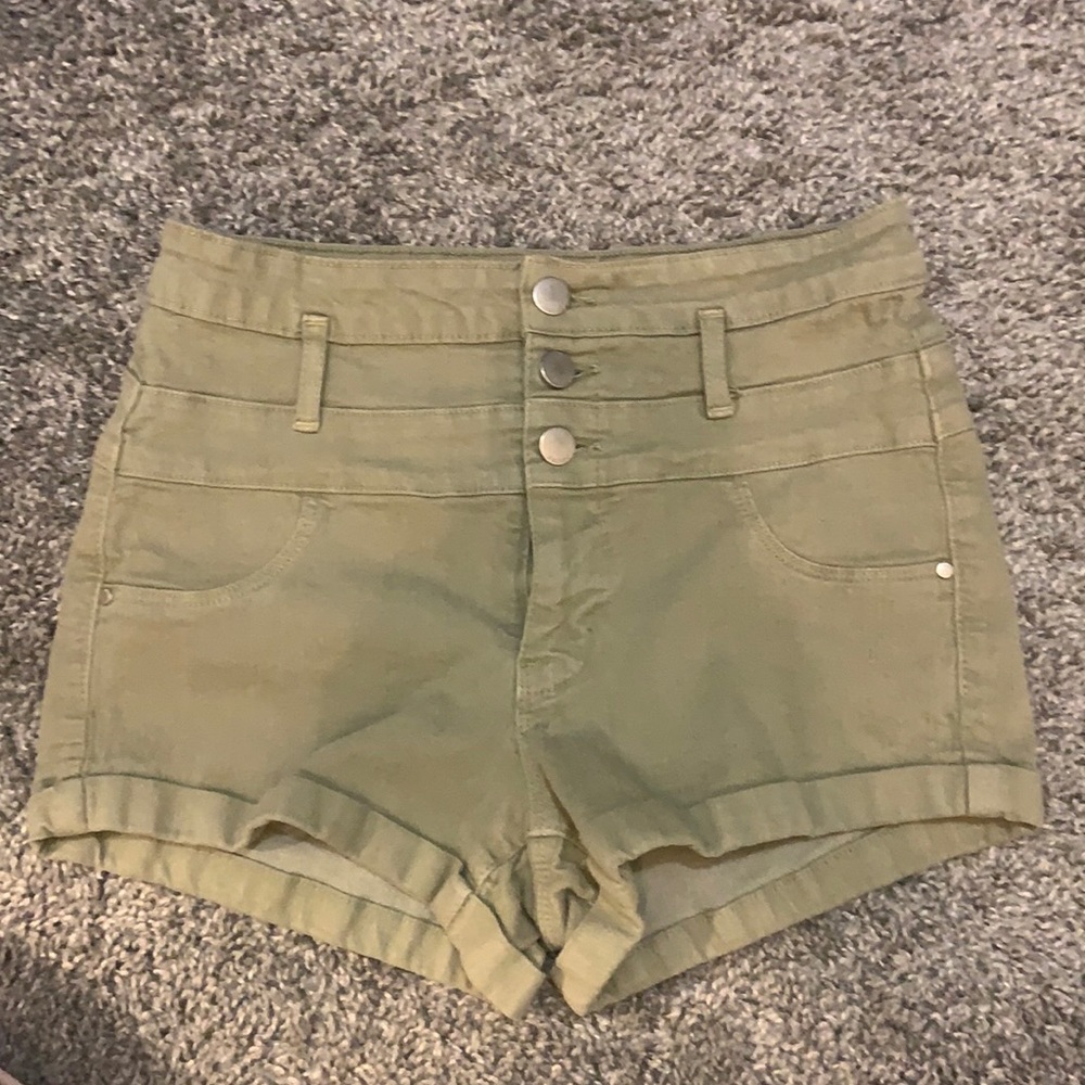 Refuge brand green jean-material high-waisted shorts. Size 2.